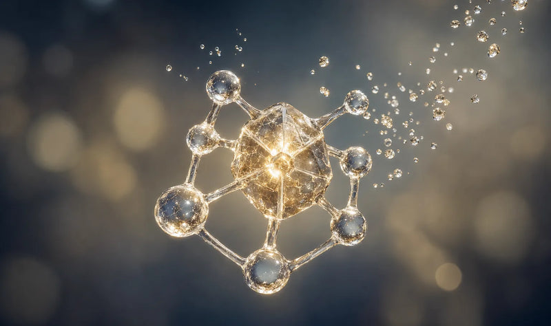 Molecola di biotina resa come struttura cristallina traslucida sospesa nel vuoto