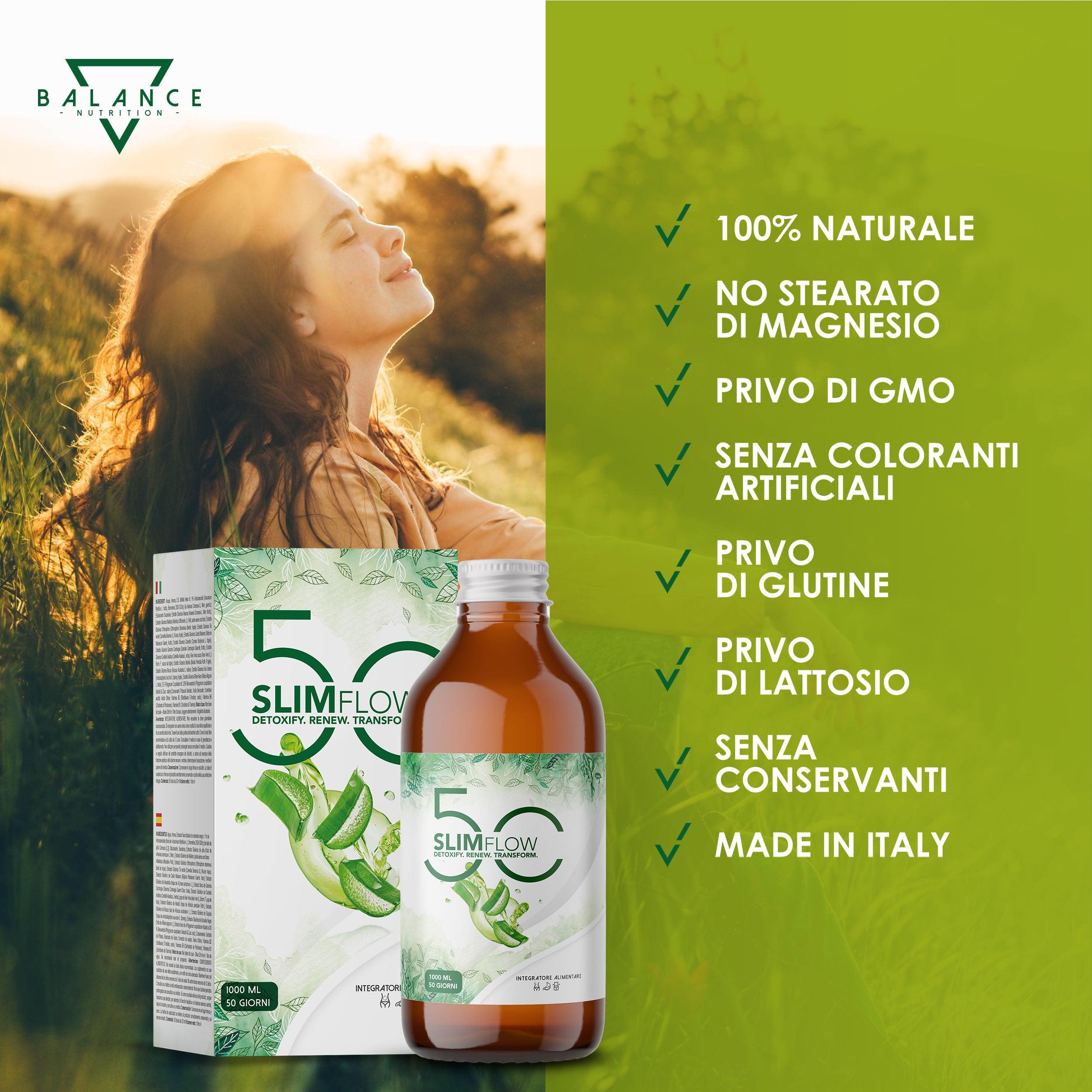 SLIMFLOW 50 DETOX - 50 DOSI | Drenante Forte Dimagrante | Detox Dimagrante Drenante Depurativo Antiossidante | 19 attivi con Bromelina Forte | 1000ml per 50 giorni di trattamento - DURA 3 VOLTE DI PIÙ - Balance Nutrition