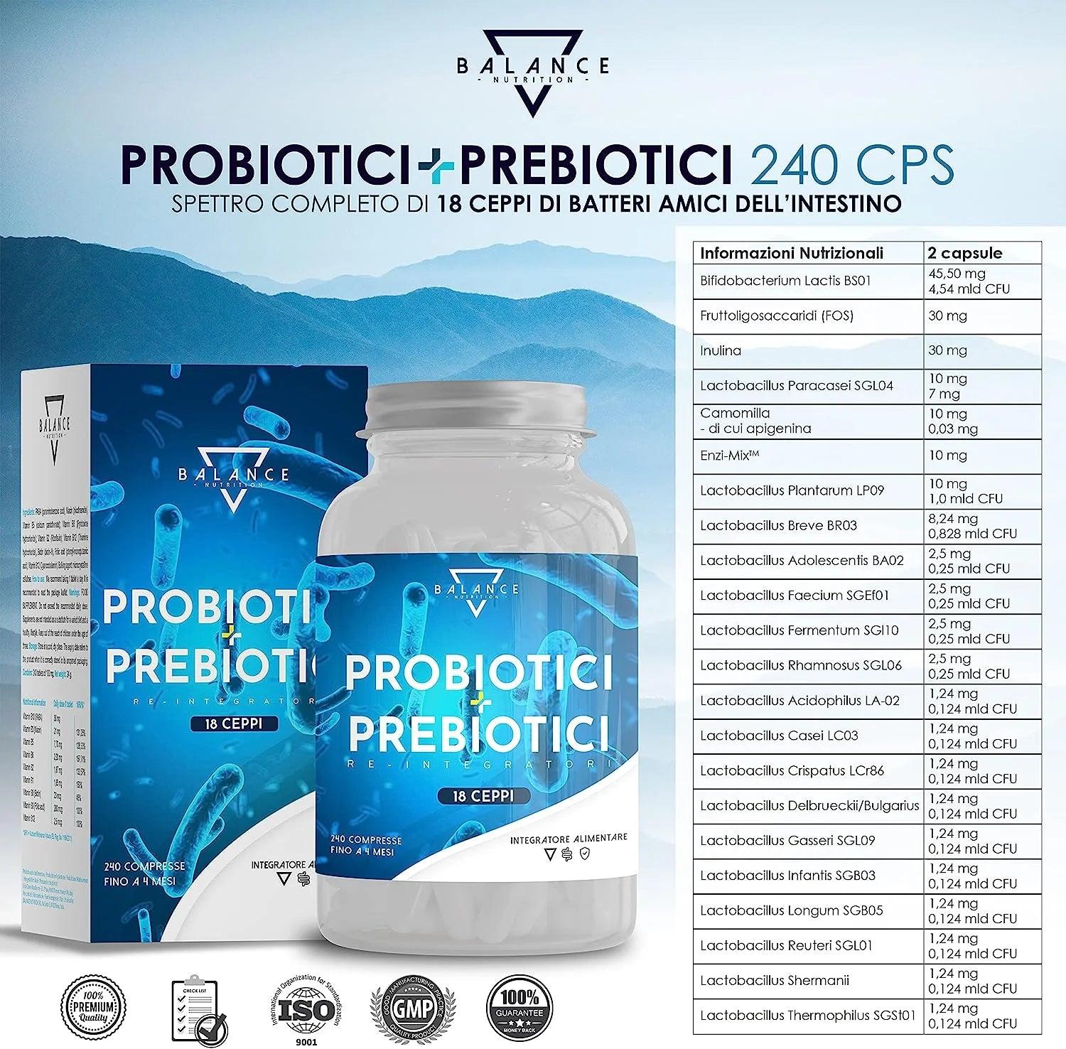 PROBIOTICI E PREBIOTICI - 240 CAPSULE | Fermenti Lattici Probiotici | Spettro Completo di 18 Ceppi Batterici tra cui, Lactobacillus, BifidoBacterium, Enzimi Digestivi, Inulina | fino a 20 Miliardi CFU - Balance Nutrition