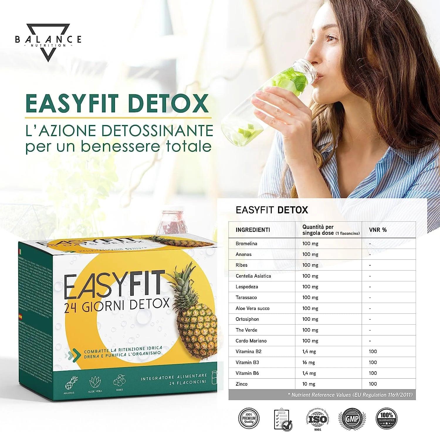 EasyFit® Detox - 24 Flaconcini | Drenante Forte Dimagrante | Bromelina Forte Drenante | Formula Detox, Diuretico con Bromelina, Succo di Aloe, Centella Asiatica, Orthosiphon e Vitamine - Balance Nutrition