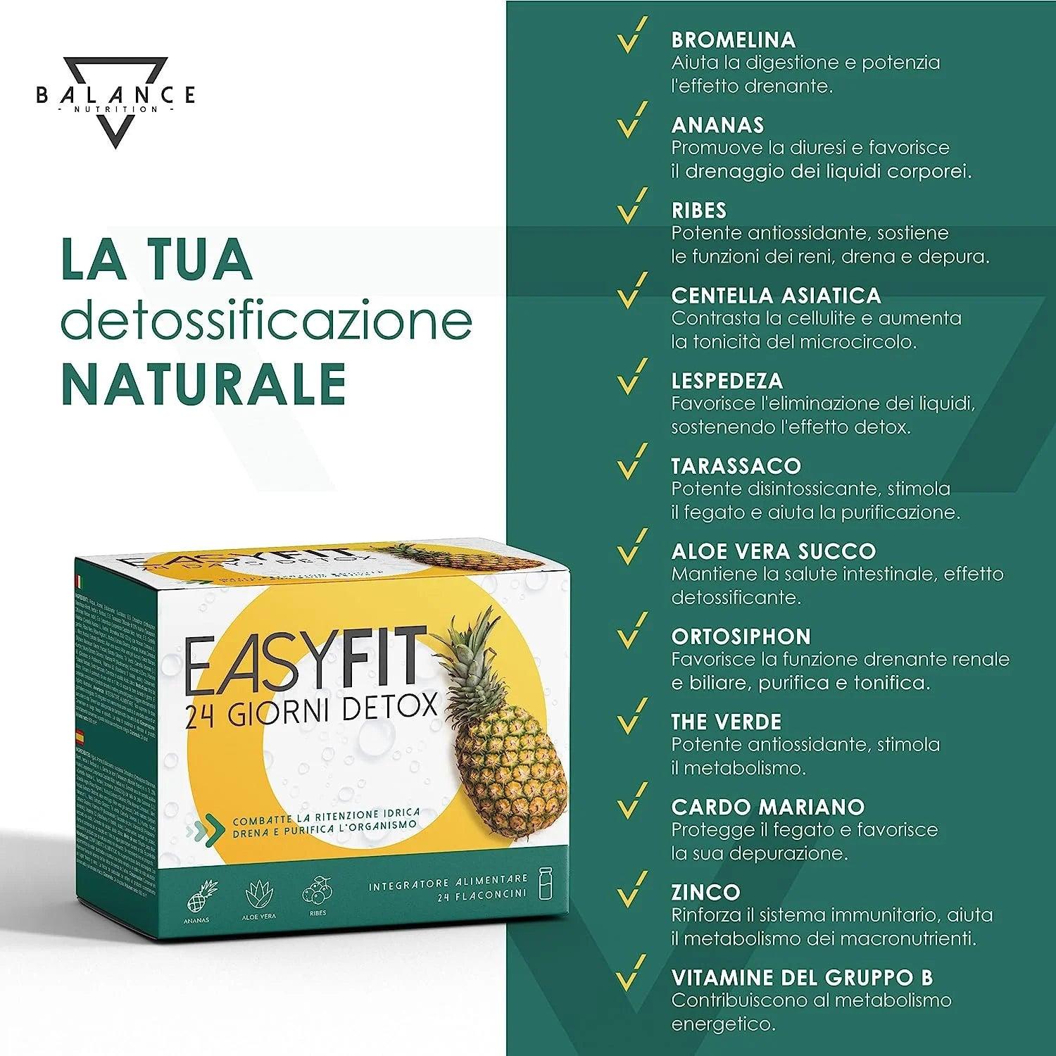 EasyFit® Detox - 24 Flaconcini | Drenante Forte Dimagrante | Bromelina Forte Drenante | Formula Detox, Diuretico con Bromelina, Succo di Aloe, Centella Asiatica, Orthosiphon e Vitamine - Balance Nutrition