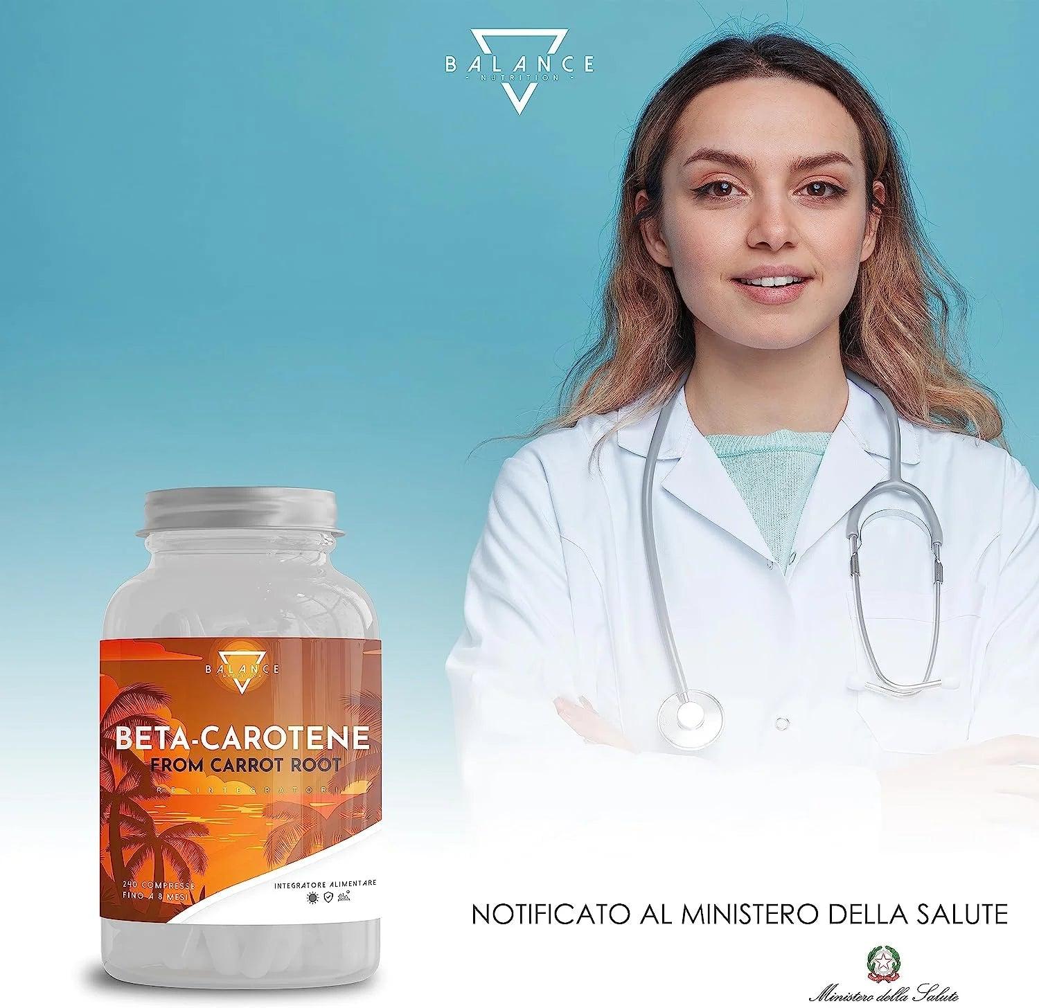 BETACAROTENE ABBRONZATURA Forte - 240 COMPRESSE (Scorta 8 mesi) | da Estratto di Carota | Integratore Melanina Naturale - Balance Nutrition